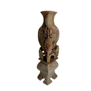 Vintage Hand Carved Soapstone Bud Vase 6.5" Chinoiserie Floral Tan Orange